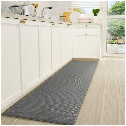 Gray kitchen floor mat along cabinets